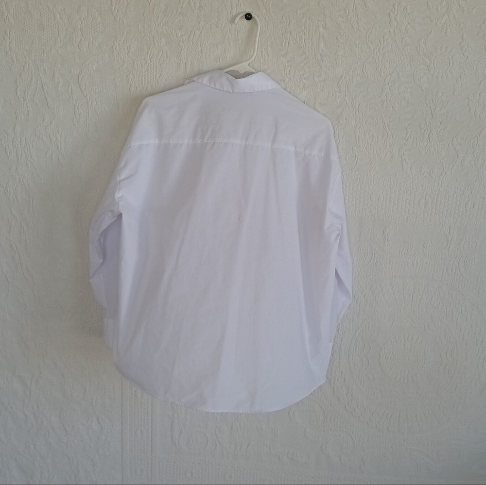 Zara White Button-Up Shirt Navy Stripe Sleeve Detail Oversized Billowy Beach - Picture 11 of 13